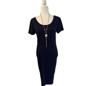 Zenana Premium Navy Bodycon Midi Dress Short Sleeve Stretch Casual Basic Size M